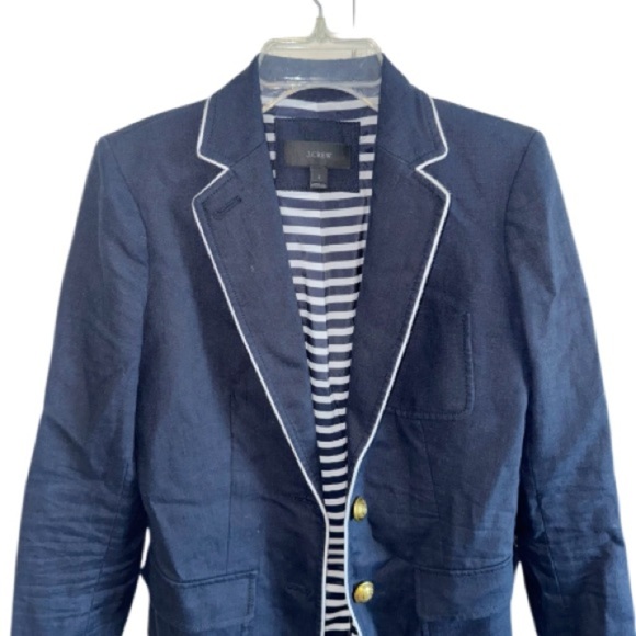 J. Crew Rhodes Navy Blue Blazer 100% Linen Nautical Crest Gold Buttons Size 2 - Picture 6 of 14